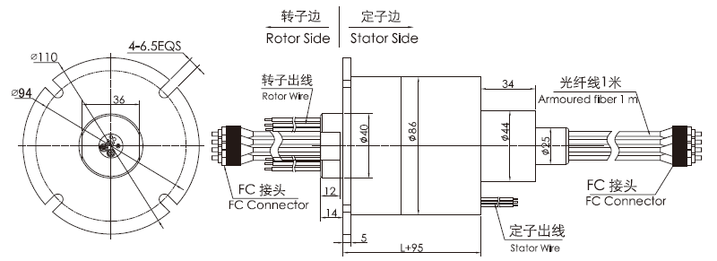 fo208 series FO208 Series 2 Channels Fiber-Electric Slip Ring Fiber Optic Rotary Joint slip ring Drawing 