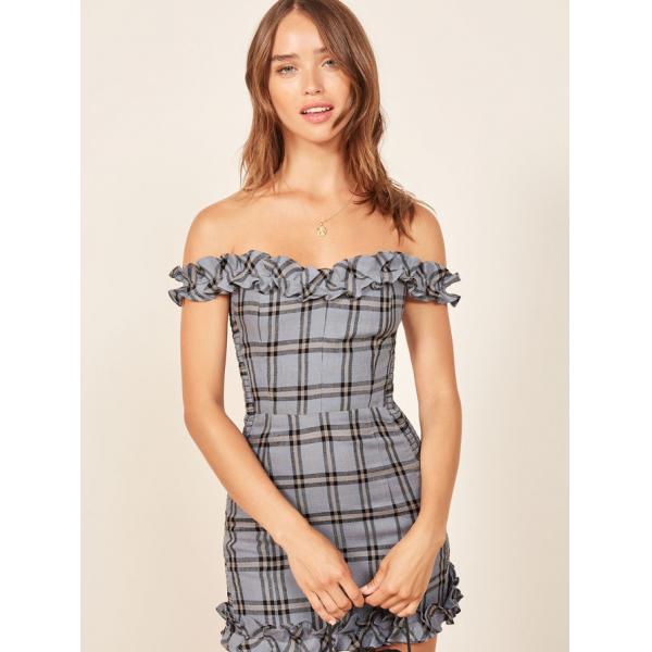 Quality Gingham Linen Ruffle Shoulder off Dress for Women for sale