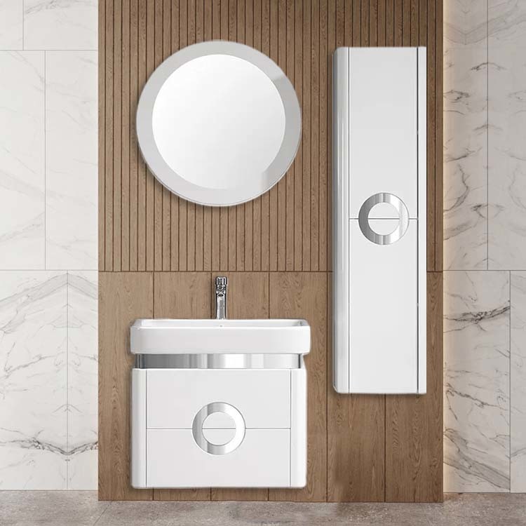 China Thickness 16mm PVC Bathroom Cabinets With White Circular Intelligent Mirror factory