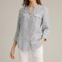 China Womens Casual Linen Shirts 55%Linen 45%Cotton Stripped Womens Casual Blouse factory
