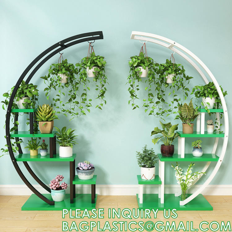 China Metal Plant Stand Creative Half Moon Shape Ladder Flower Pot Stand Rack for Home Patio Lawn Garden Balcony Holder factory