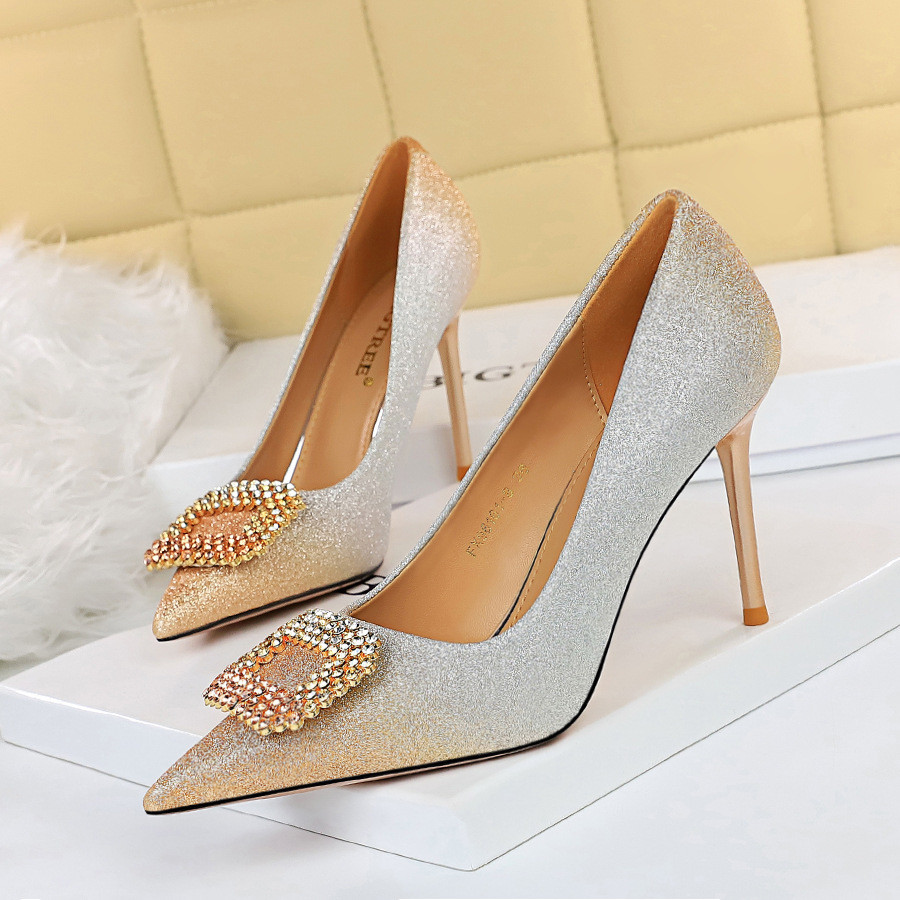 China 96161-8 Korean Sexy Party High-Heeled Shoes Stiletto High-Heeled Shallow Pointy Color Gradient Rhinestone Buckle Single factory