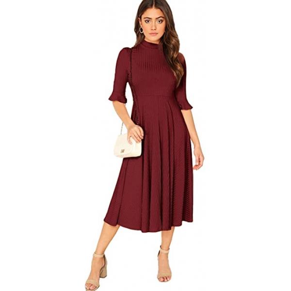 Quality Clothing Ribbed Knit Bell Sleeve Fit And Flare Midi Dress for sale