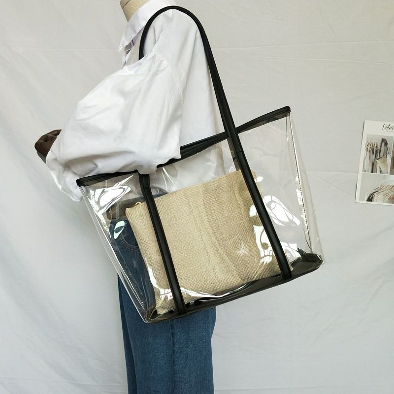 China Transparent Bag Women New Trendy Summer Plastic Handbag Single Shoulder Mother Bag Beach Bag Linen Tote Extra Large factory