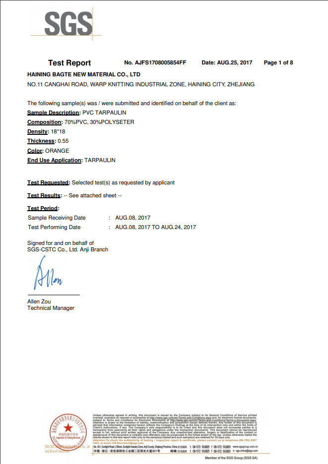 Haining Bangte New Material Co., Ltd. Certifications