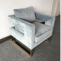China Blue Velvet Fabric And Inflatable Cushion Living Room Couches With Golden Brass Metal Base factory