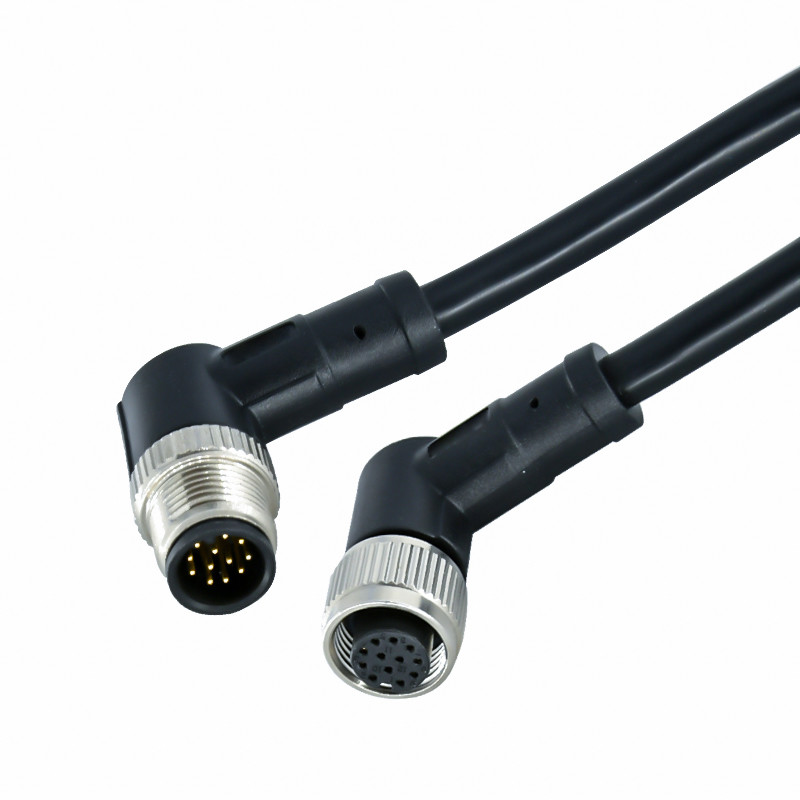 China CuZn M12 Waterproof Electrical Wire Connector Angled 3 Pin Male To Female Right Angle TPU for sale