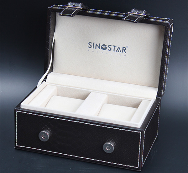 Quality Empty Double Watch Box Black Leather Elegant Style Wooden Watch Storage For Gift Packing for sale