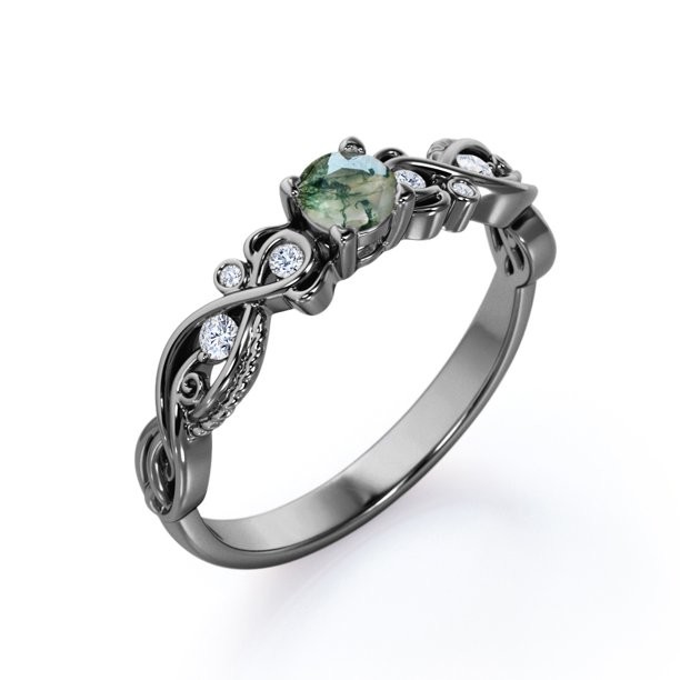 China Brilliant Cut Solid Finely Veined Moss Green Agate and Moisssanite Victorian Style Filigree Engagement Ring factory