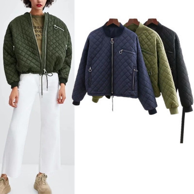 China Stand Collar Short Bomber Jacket Womens Quilted Oversized Bomber Jacket Drop Shoulder factory