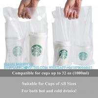 China Drinking Handle Bags Cup Carrier With Handle Clear Plastic Packaging Bags For Delivery Hanging Hole Drink Bags factory
