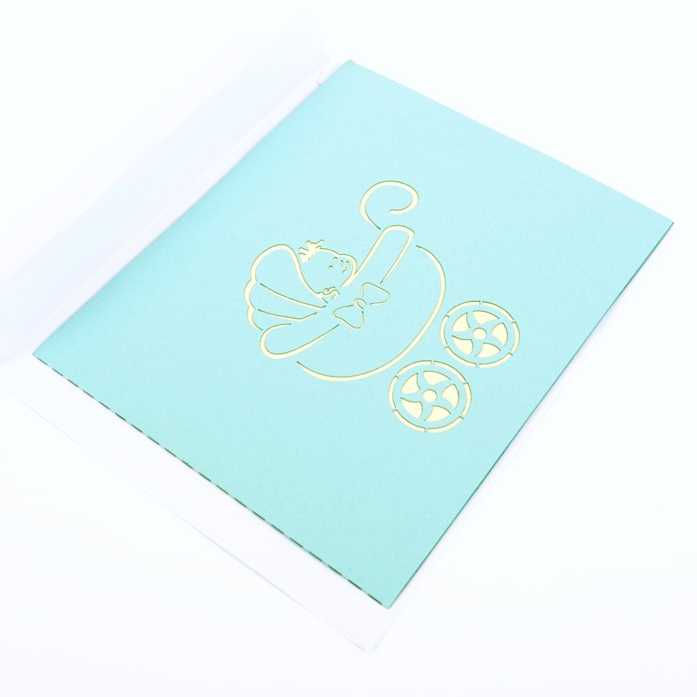 China Baby Pram 3D Pop Up Greeting Card With White Envelope CMYK Color Offset Printing factory