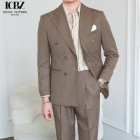 China Italian Vintage Brown Suit Double Breasted Striped Jacket for Men's Professional Look factory
