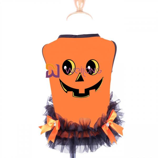 Quality Satin Ribbon Bow Halloween Pet Dress Round Neck Design Pumpkin Dog Dress for sale