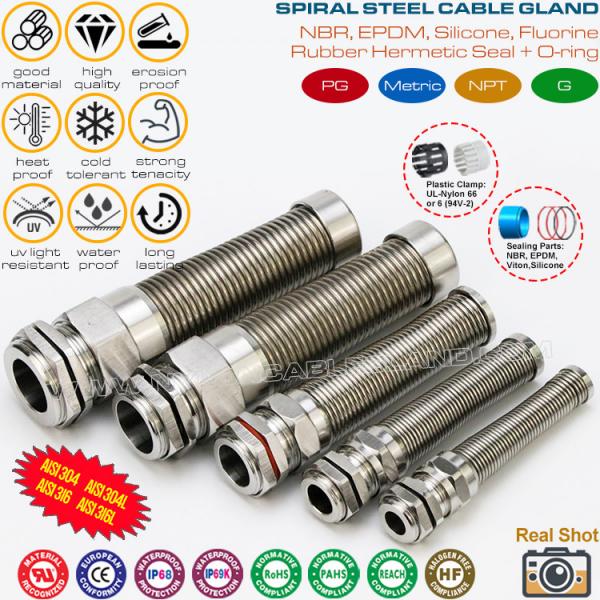 Quality Hermetic IP68 Stainless Steel Metric Cable Glands Type 304/316/316L M12~M50 with Anti-kink and Bend Protection for sale