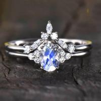 China 925 Sterling Silver Natural Stone Jewelry Rainbow Blue Moonstone Wedding Ring Set factory