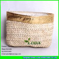 China LUDA golden leather straw handbag zipper top summer straw clutch bag factory