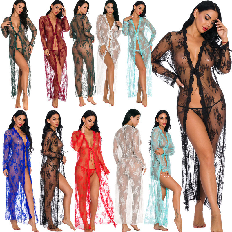 China Sexy See Through Long Lingerie Plus Size 2 Pieces Lace Sleepwear for Women factory