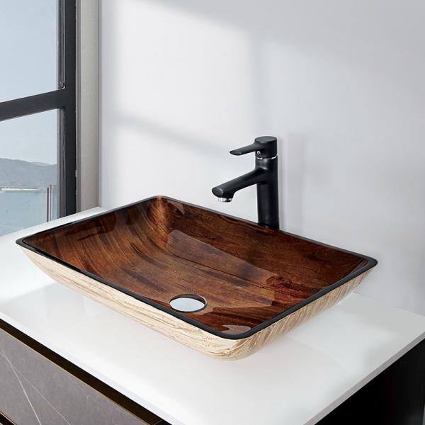 Quality 22 Inch Dark Brown Bathroom Sink 12mm Tempered Glass Rectangular With A Sleek Vessel Faucet for sale