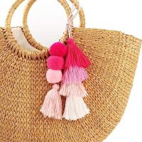 China Colorful Bohemian Pompom Tassel Keychain Handbags Straw Bag Charms Ornaments Key Ring Pompom Pendant factory