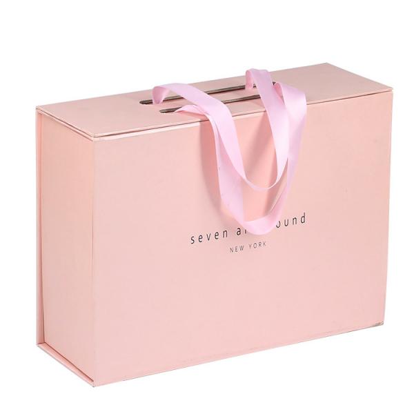Quality Foldable Pink Magnetic Closure Gift Box With Ribbon Handle Premium Glossy Finish for sale