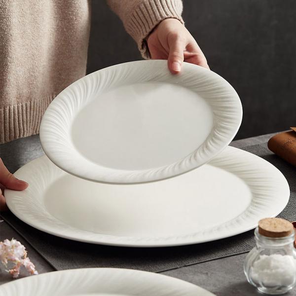 Quality White Color 12 Inch Ceramic Dinner Plates Embossed Design For Steak for sale