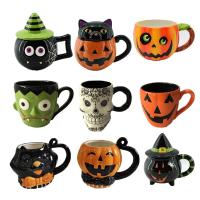 China Custom Ceramic Hand-painted Halloween Coffee Mug Creative 3D Embossed Cat Pumpkin Ghost Skull Witch Monster Mugs factory