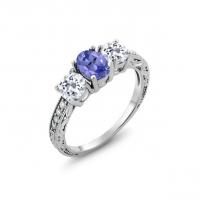 China Gem Stone King 925 Sterling Silver Blue Tanzanite and White Topaz Women's 3-Stone Ring factory