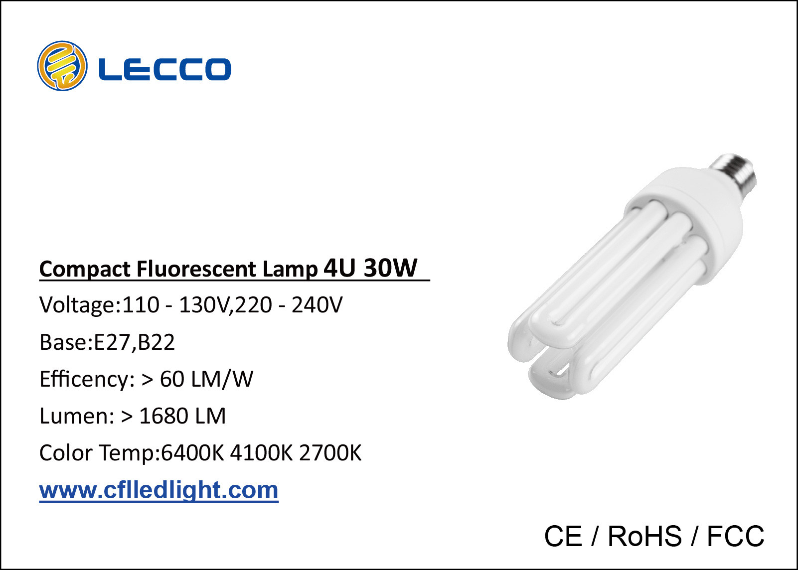 China 30W T4 Compact Fluorescent Lamps E27 , 4 Pin Cfl Light Bulb Nickle Plated AL Base factory