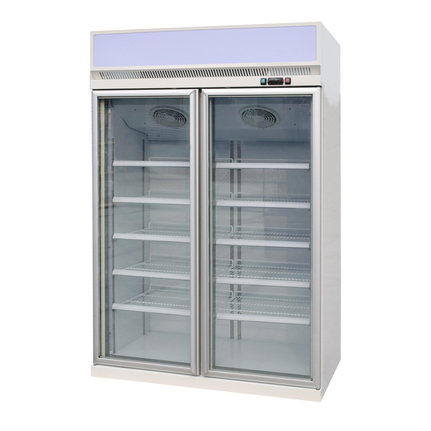 China Top Mounted Two Glass Swing Door Merchandiser Freezer with Eco friendly R290 refrigerant factory