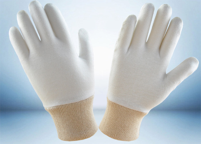 China mens white cotton industrial work gloves with knit wrist heavy duty designing service mass production free mould cost factory