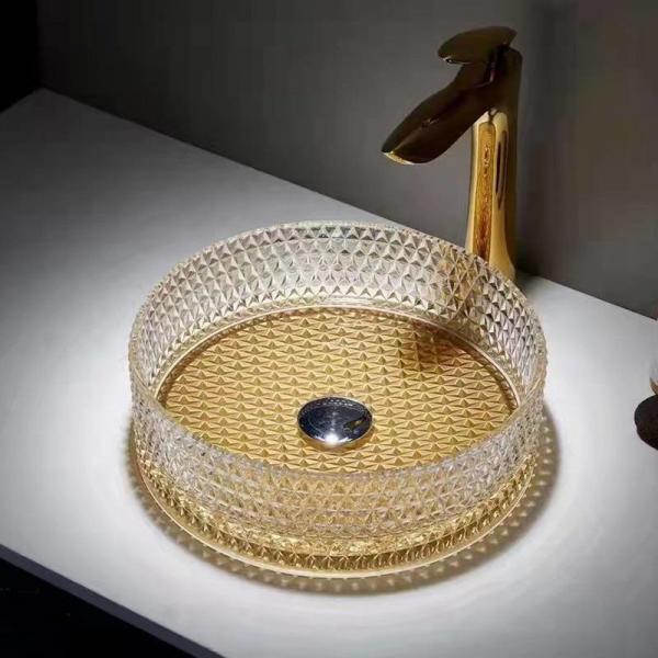Quality 360mm Glass Vessel Basins Brush Gold Bottom Hotel Clear Glass Sink Bowl for sale