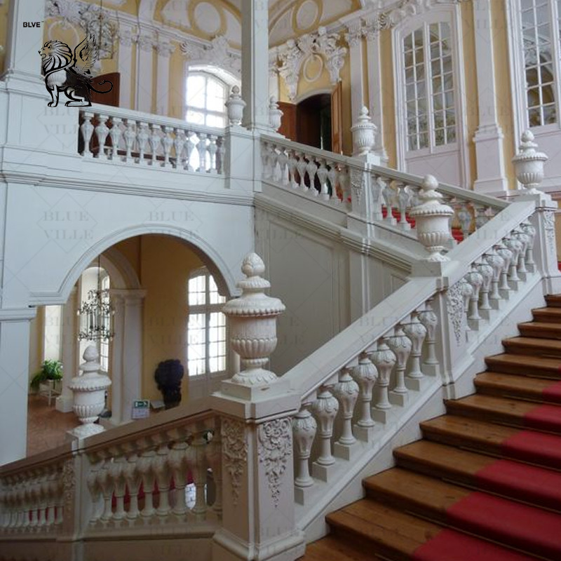 China White Marble Stair Railing Designs Stone Staircase Column Baluster Handrail Home Decoration Modern Luxury Villa factory