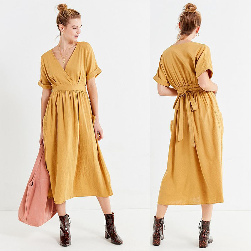 China Latest Gold Linen Maxi Long Wrap V-neck Woman Dress with Pockets factory