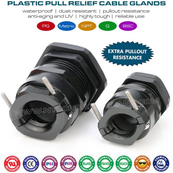 Quality PG & Metric Plastic IP68 Cable Glands Black RAL9005 with Extra Metal Clamp (Traction Relief Clamp) for sale