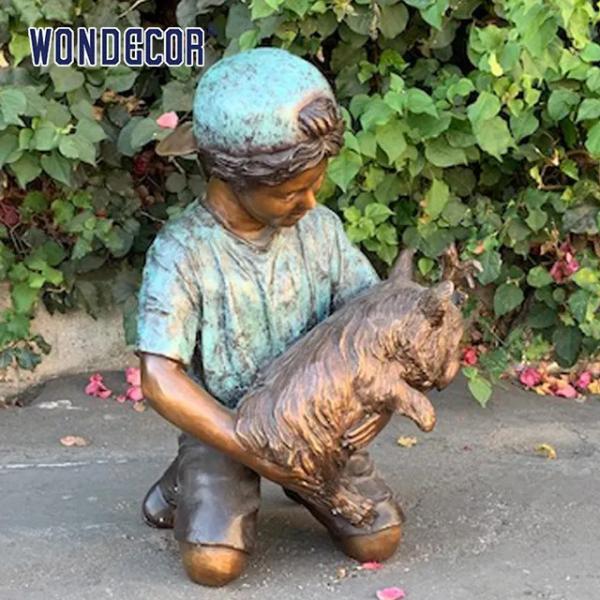 Quality Customized garden decoration, life-size bronze statue of a young man playing with his dog for sale