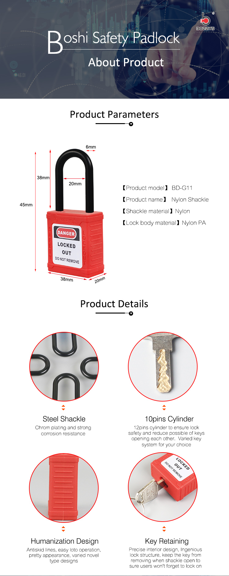 BOSHI Hot Item 38mm Length Steel Shackle Material Safety Lockout Padlock