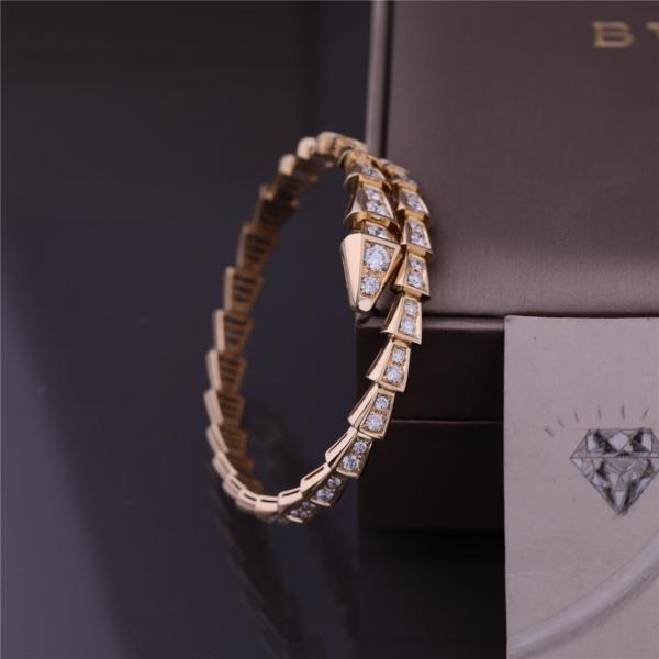 Quality Luxury Brand Serpenti Viper one-coil thin Bracelet Yellow Gold Snake Bracelet with full pavé diamonds for sale