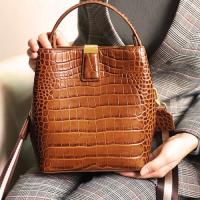 China Brown Crocodile Embossed Leather Handbags One Shoulder Retro Bucket Bag for sale