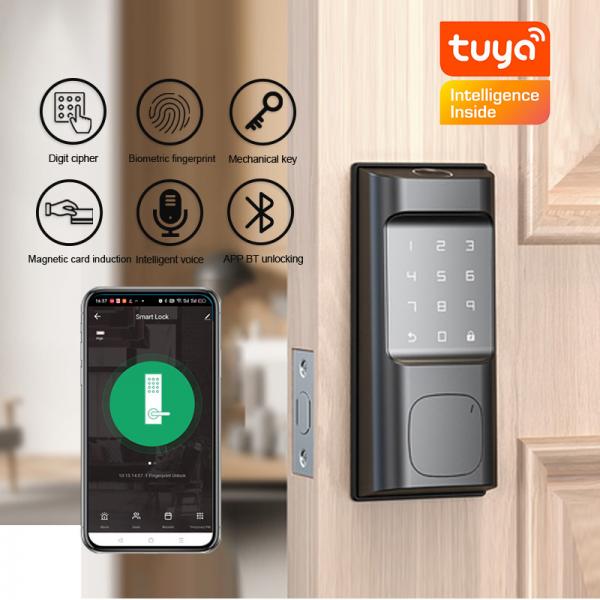 Quality Black Smart Tuya App Door Lock CNC Zinc Alloy Anti peep Fingerprint Code Access for sale