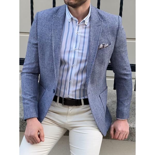 Quality Slim Fit Self Patterned Blue Business Casual Blazer Outfit for sale