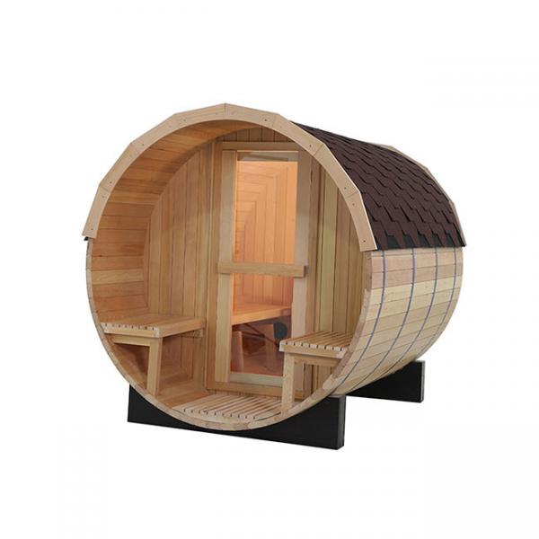 Quality 6KW Traditional Barrel Sauna 4 Person Canadian Hemlock Sauna Room for sale