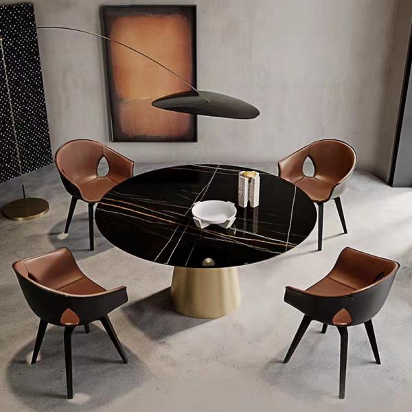 Quality Luxurious Round Marble Metal Dining Table Ceramic Top Brushed Stainless Steel for sale