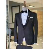 Quality Black Custom Tuxedo Suit 65% Viskon 35% Polyester With Velvet Collar Detail Vest for sale