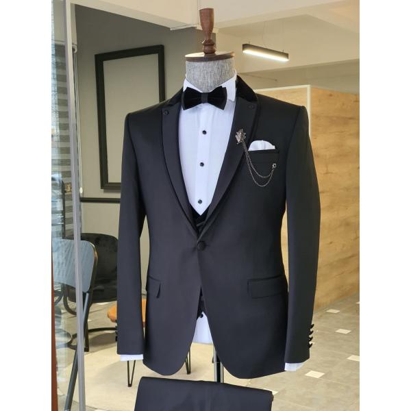 Quality Black Custom Tuxedo Suit 65% Viskon 35% Polyester With Velvet Collar Detail Vest Tuxedo for sale