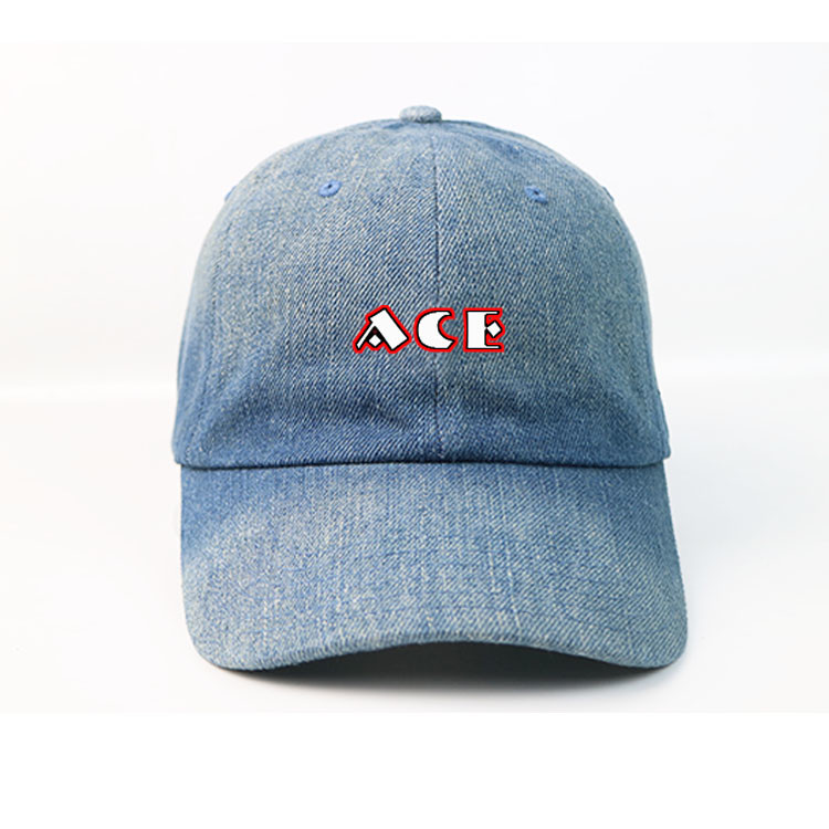 China ACE Wash blue denim  Customized curve brim  silk printed logo baseball Hats Caps factory