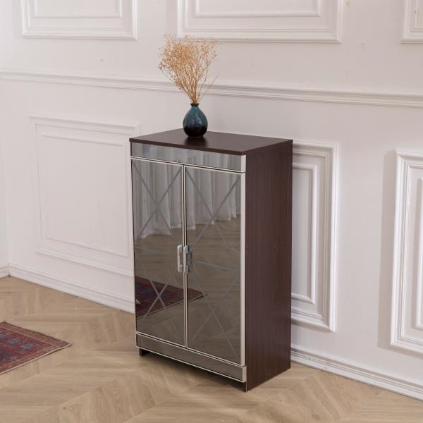 Quality 16 Pairs MDF Mirror Carved Shoe Cabinet 0.105m3 CBM With Double Door for sale