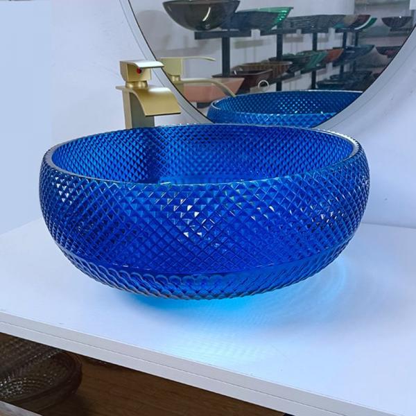 Quality Italian Design Blue Glass Sink Bowl 16.5 Inch Round Glass Above Counter Basin for sale