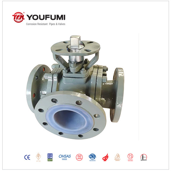 Quality PFA Full Lined Carbon Steel Ball Valve 3 Way Flanged Chemical Fluid Solution Use for sale