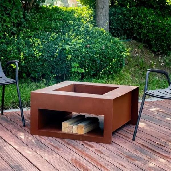 Quality Backyard Rust Finish Wood Burning Corten Steel Cube Fire Pit With Wood Storage for sale
